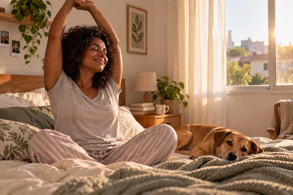Mulher se espreguiçando na cama em um quarto com luz natural