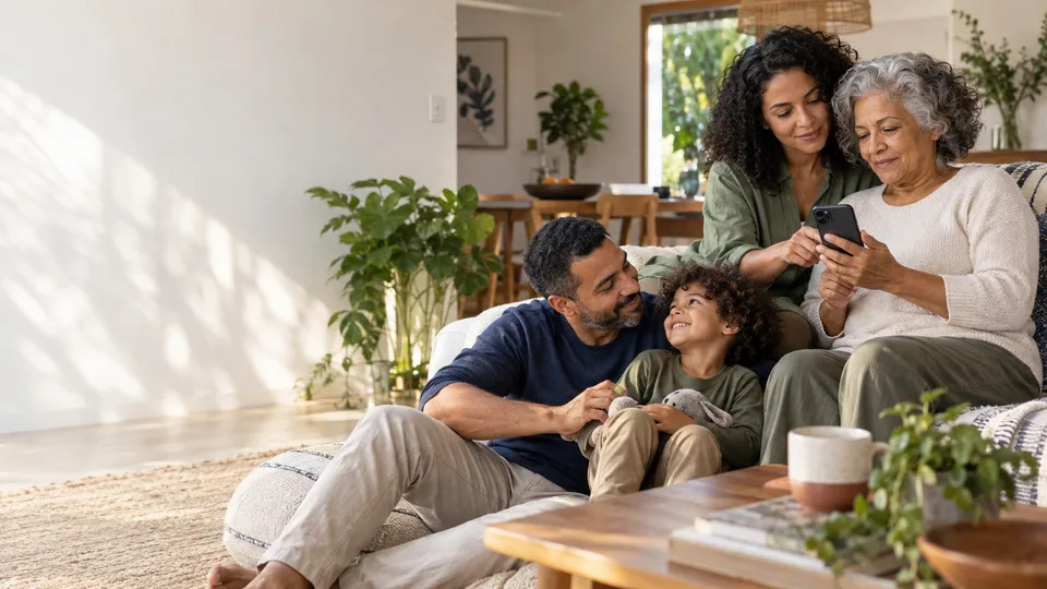 A three-generation family sitting on the living room sofa and looking at a phone together.